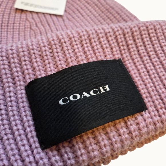 NWT Coach Faded Pink Ribbed Knit Beanie with Woven Logo Patch - Picture 2 of 5